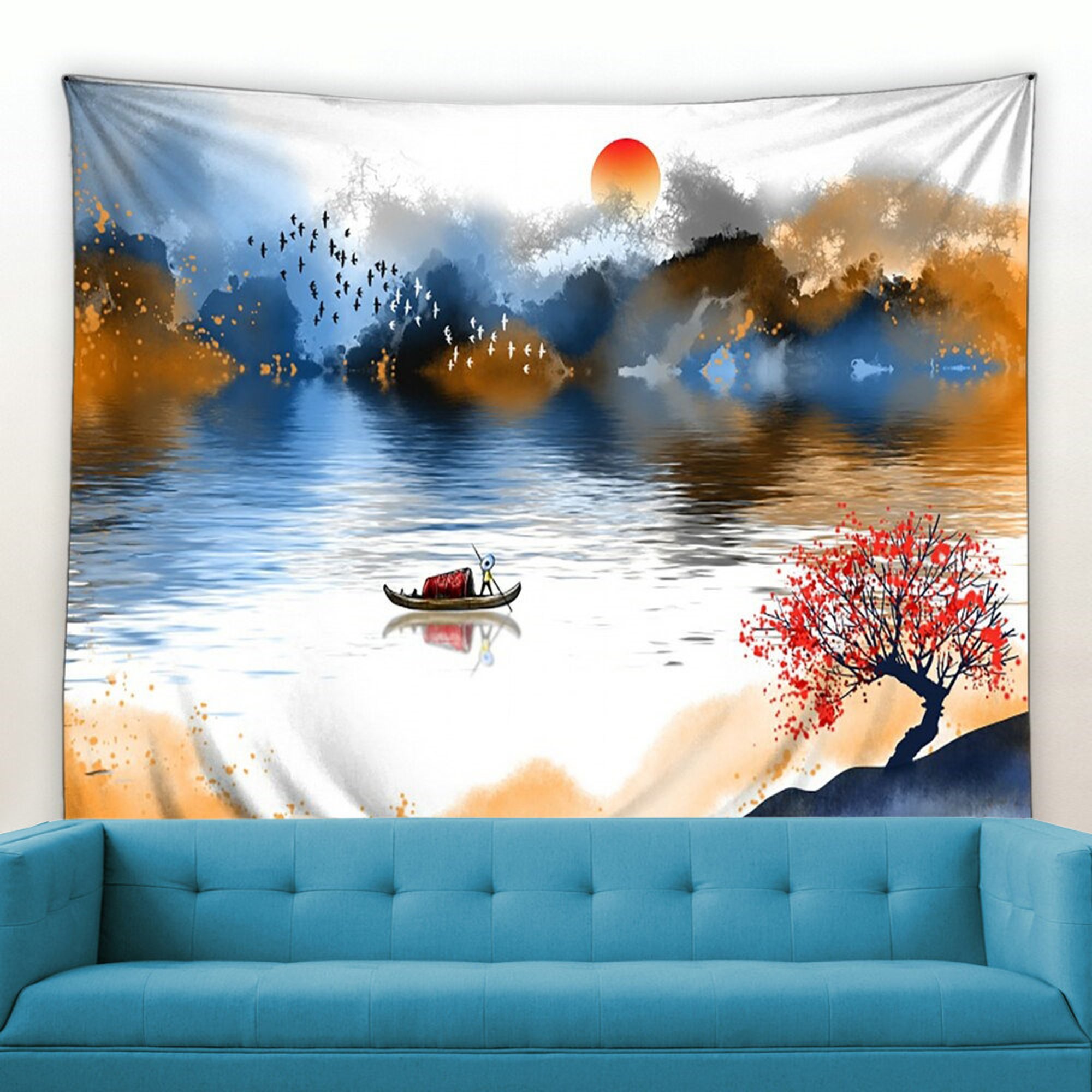 Nature Scenery Chinese Landscape Tapestry Ink Painting Style Wall Tapestry