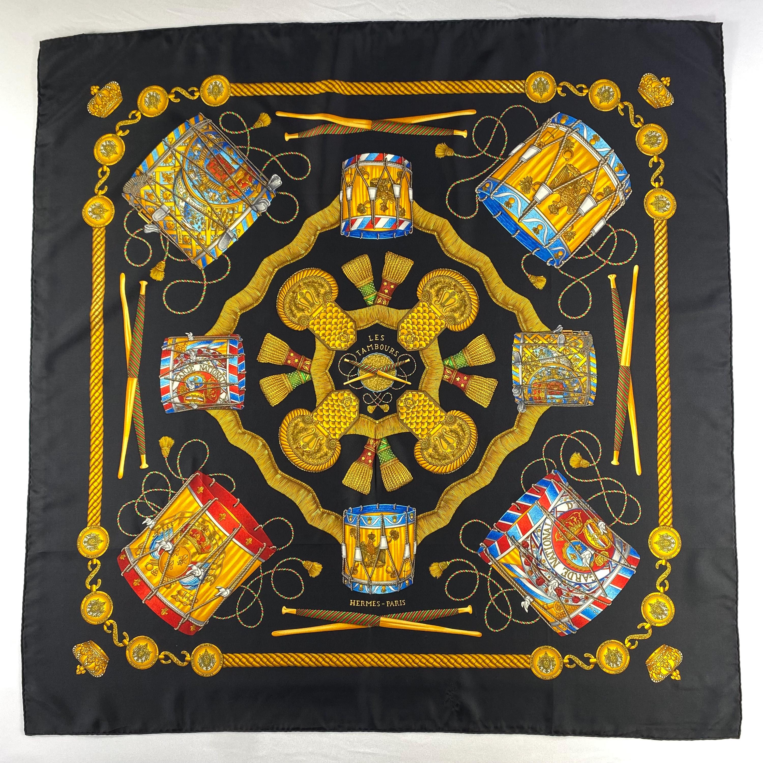 HERMES LES TAMBOURS スカーフ イエロー Vintage Hermes Les Tambours Silk Scarf Hermes Silk Scarf Vintage