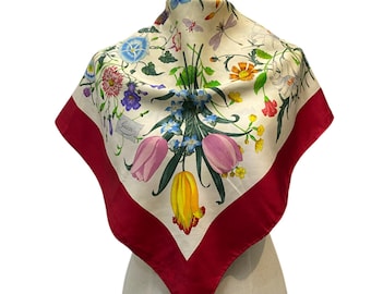 Vintage Gucci Silk Scarf Gucci Silk Muffler Gucci Neck Scarf Gucci Foulards Gucci Square Scarf Gucci Blue Scarf Gucci Flower Scarf