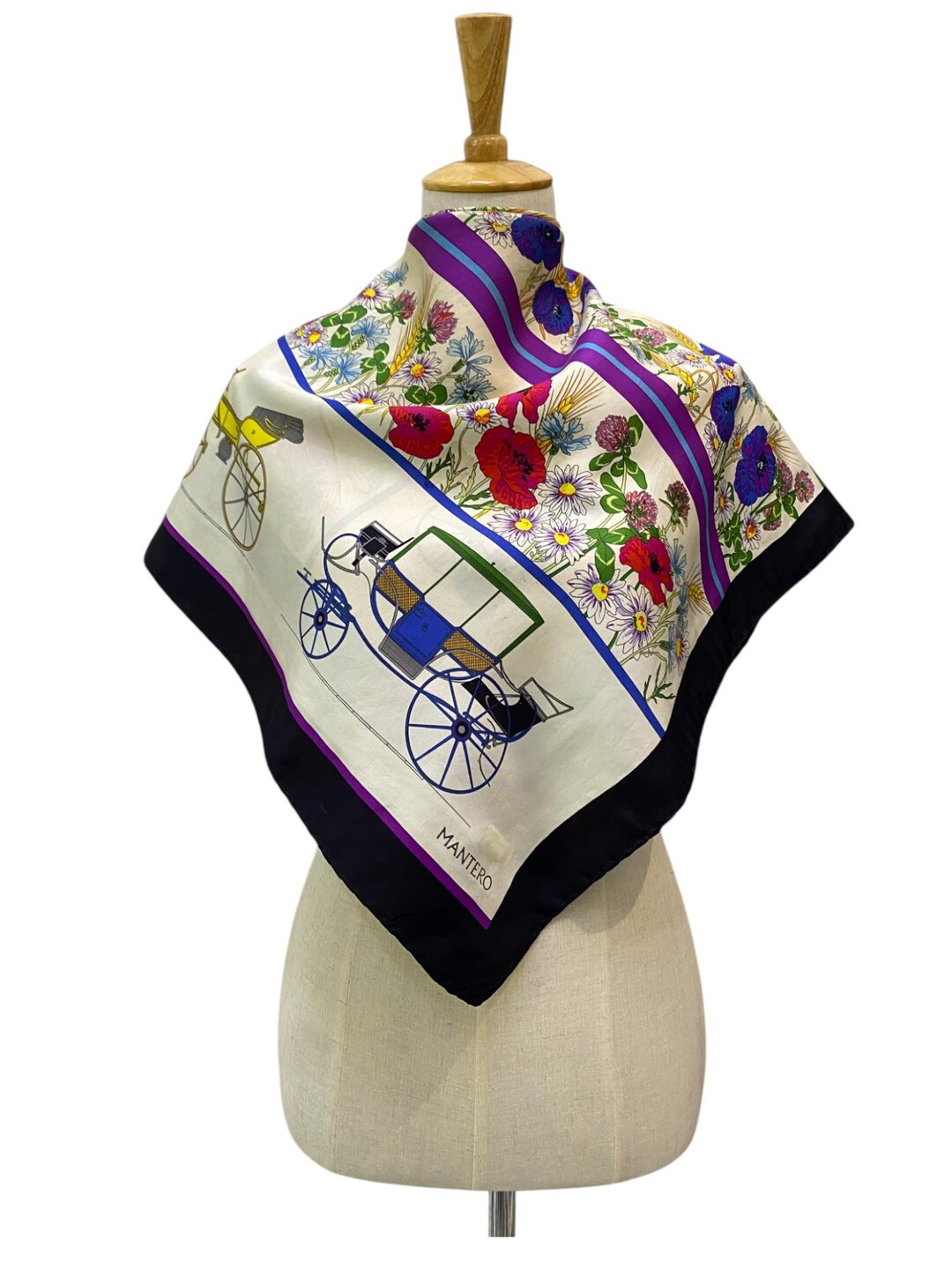 Foulard En Soie Vintage Mantero 90x90 Cm - Bleu Et Violet - Occasion Très Bon état