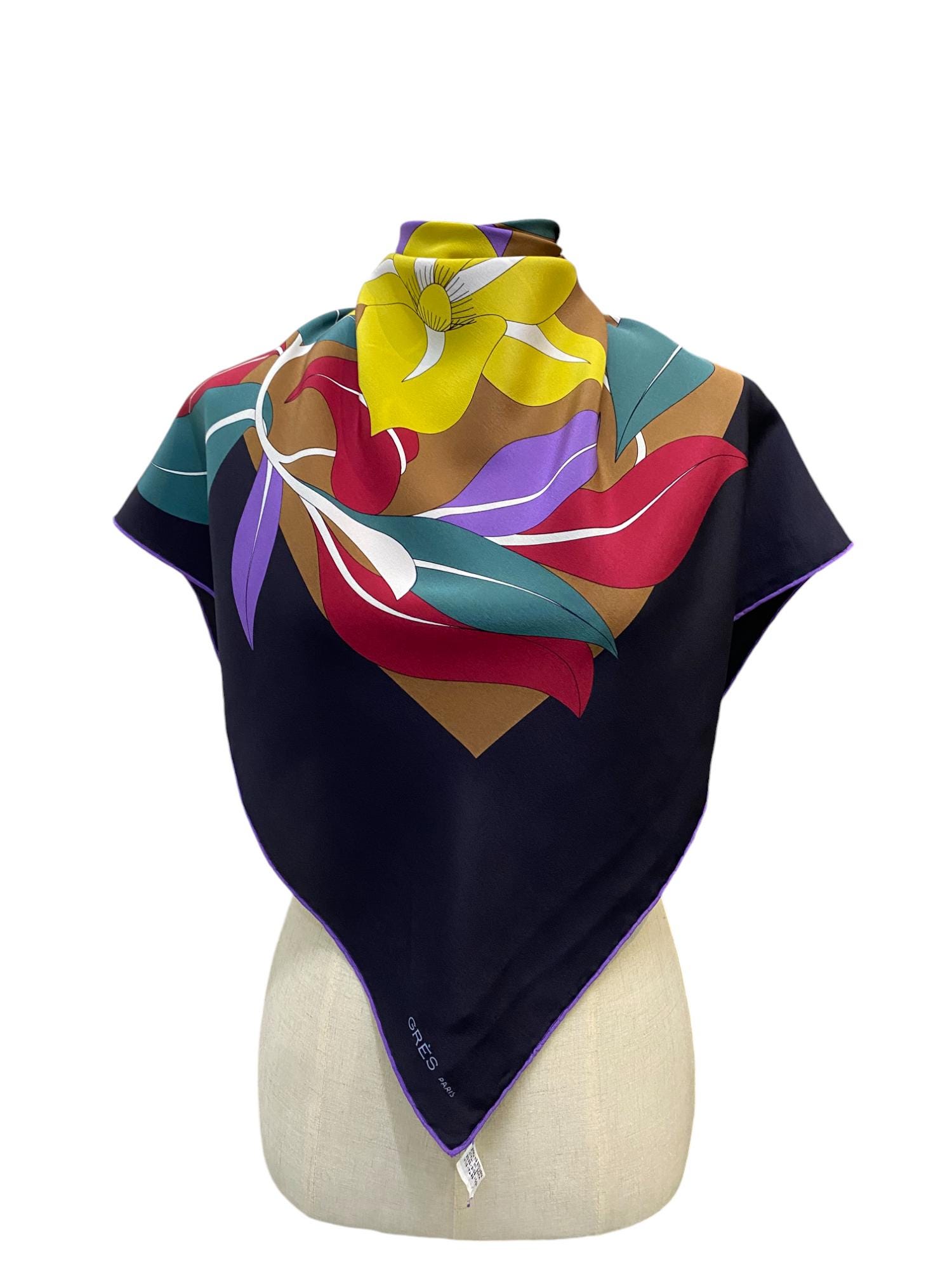 Foulard Carré Vintage Grès En Soie 100% - Motif Géométrique Multicolore - Italie - Occasion Bon état