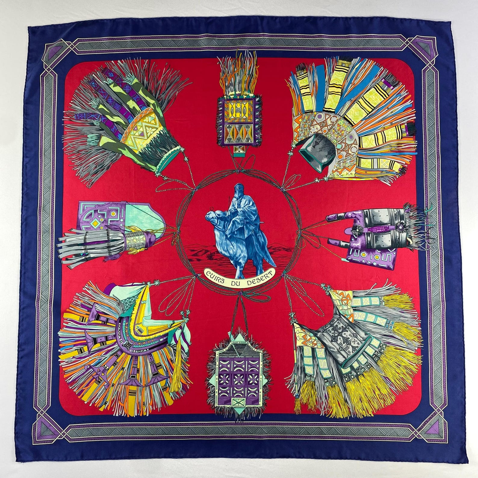 Foulard Carré Vintage En Soie 100% - Marque Cuivres Et Cuirs D'Attelage - Motif Géométrique Multicolore