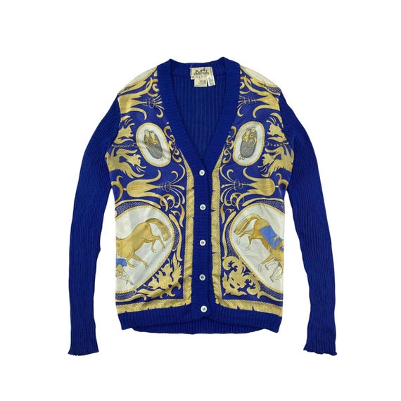 Vintage Hermes La Presentation Cardigan, Blue Hermes Cardigan Size