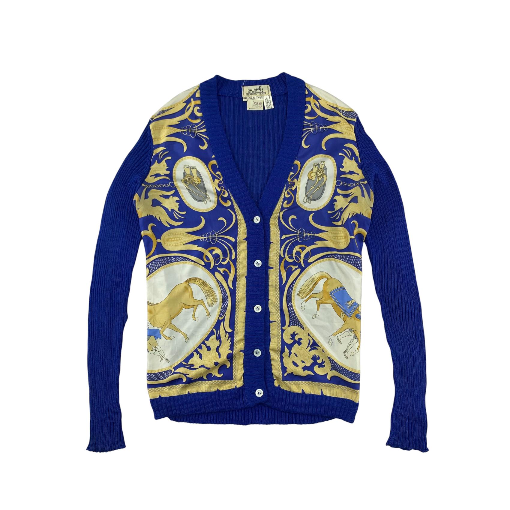 トップス HERMES Silk Vintage Pattern Cardigan Vintage Hermes La Presentation Cardigan, Blue Hermes Cardigan Size