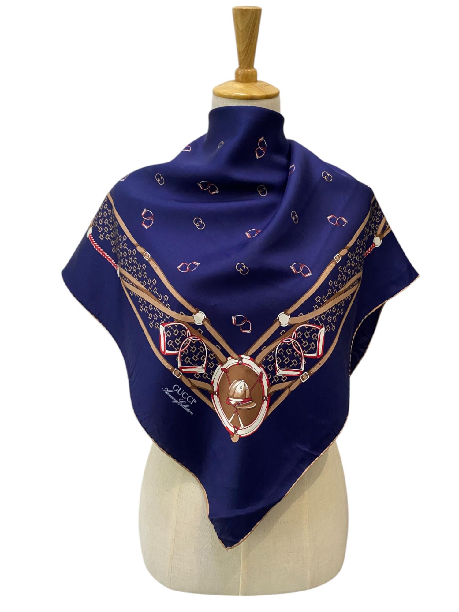GUCCI シルク スカーフ ネイビー Vintage Gucci Silk Scarf Gucci Silk Muffler Gucci Neck Scarf Gucci