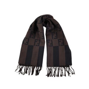 May include: A brown and black patterned scarf with fringe. The scarf features a repeating "F" logo.