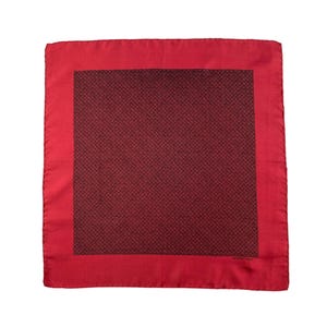 May include: A square pocket square featuring a vibrant red border surrounding a dark maroon center panel with a fine, repeating black cross-hatch pattern. The fabric has a smooth, satin-like finish with visible stitching along the edges.