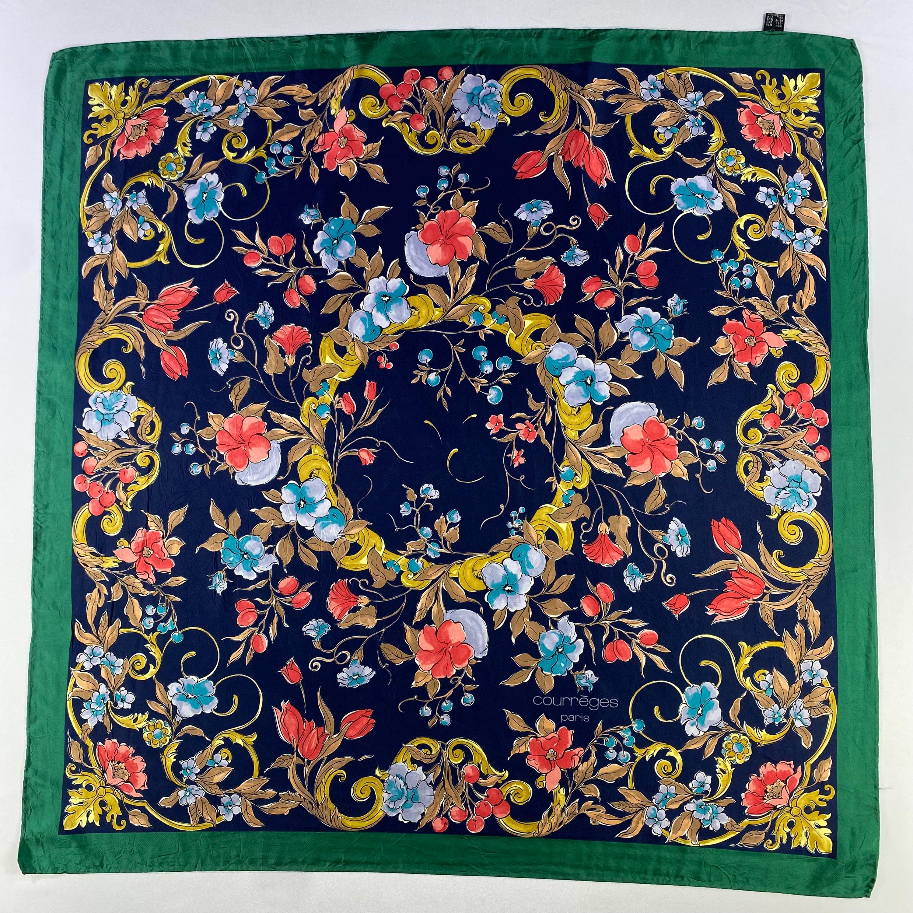 Foulard Carré Vintage Courrèges En 100% Soie - Motif Floral Années 90 - Dimensions 90x90 Cm - Très Bon état