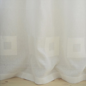 Luxury sheer linen day curtain panel with woven square at the buttom. 63x98&quot; (160x250 cm). Colors - white, gray&white, natural linen