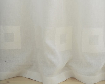 Luxury sheer linen day curtain panel with woven square at the buttom. 63x98" (160x250 cm). Colors - white, gray&white, natural linen