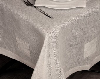 Natural linen tablecloth Boucle with square hand-woven on ancient wooden looms. Sizes - rectangle, square. Colors - white, gray.