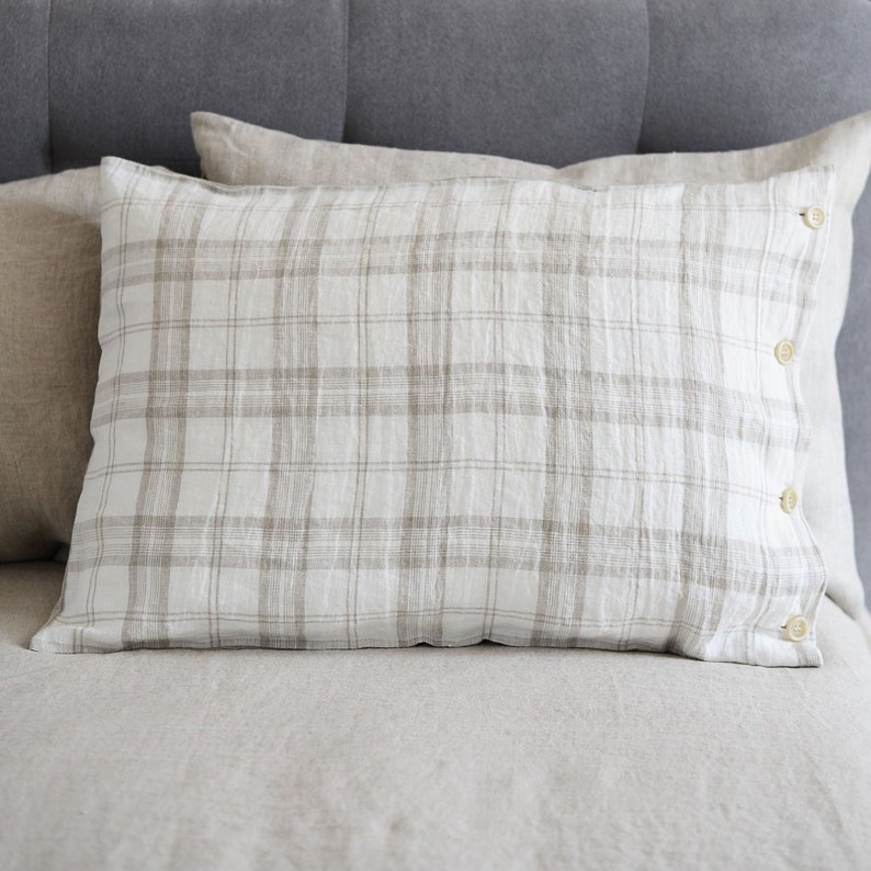 Soft Linen Pillowcase With Buttons. Blue, Rose, Gray, Plaid and Natural Colors Available. image 4