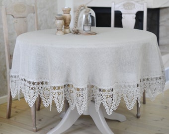 Natural linen round tablecloth with crocheted lace hand-woven on ancient wooden looms. Size - round. Colors - natural linen, grey.