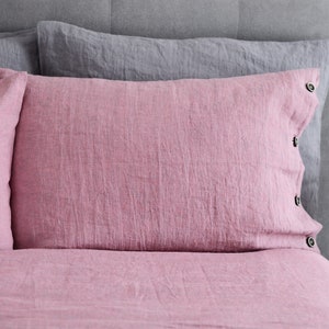 Soft Linen Pillowcase With Buttons. Blue, Rose, Gray, Plaid and Natural Colors Available. Old Rose