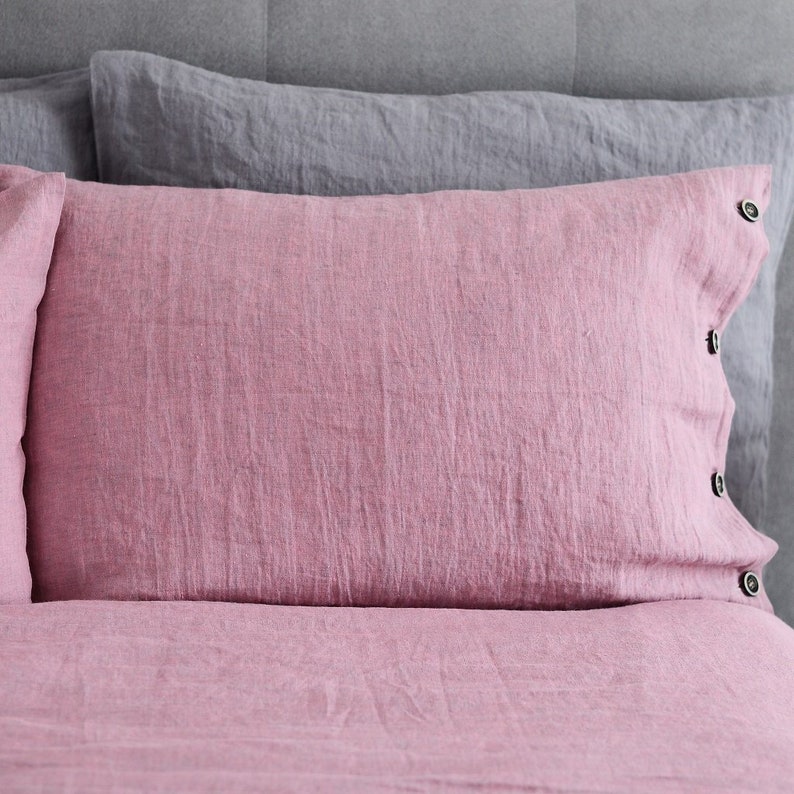 Soft Linen Pillowcase With Buttons. Blue, Rose, Gray, Plaid and Natural Colors Available. Old Rose