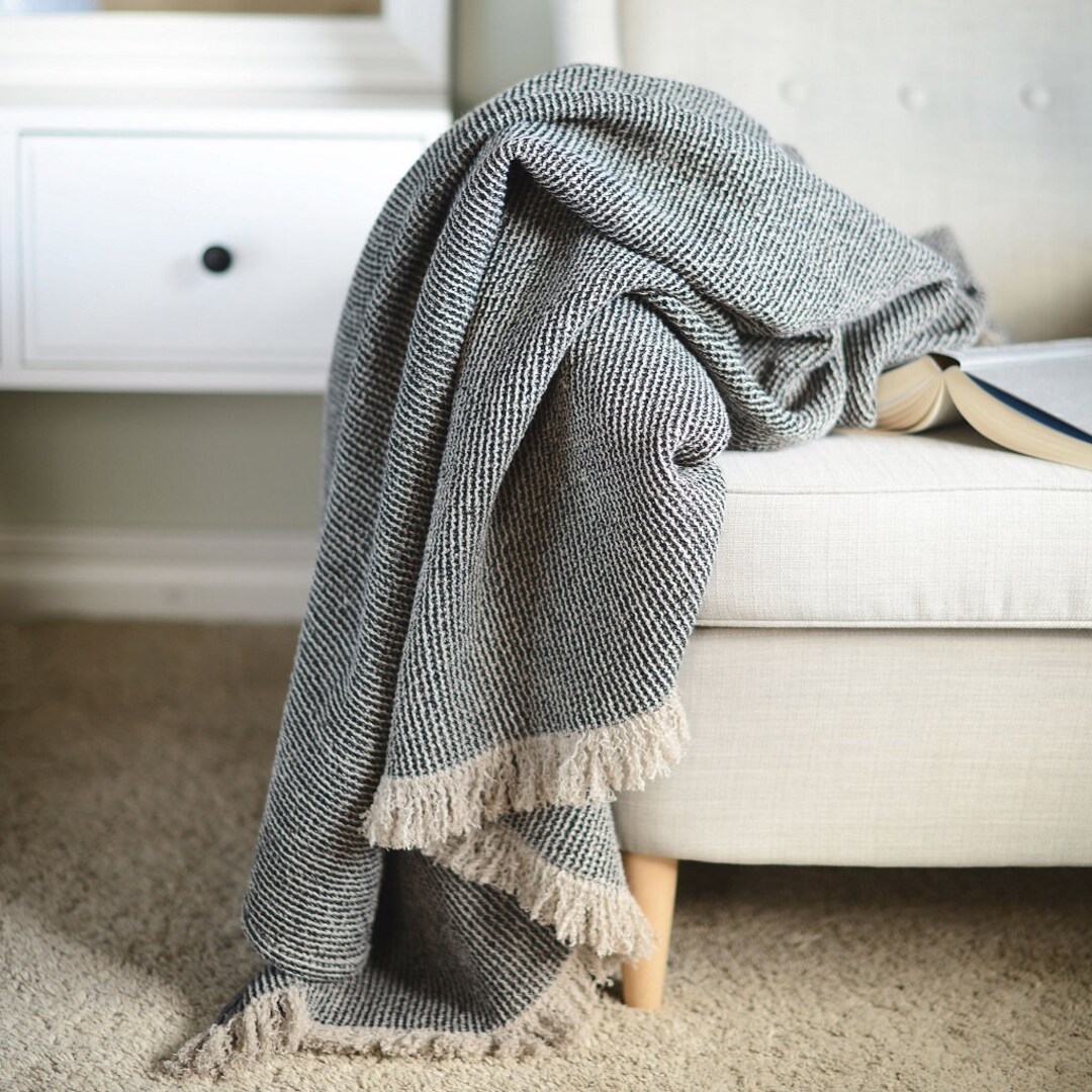 Black Linen Throw, Pure 100% Linen Throw Blanket, Fringed Throw Blanket ...