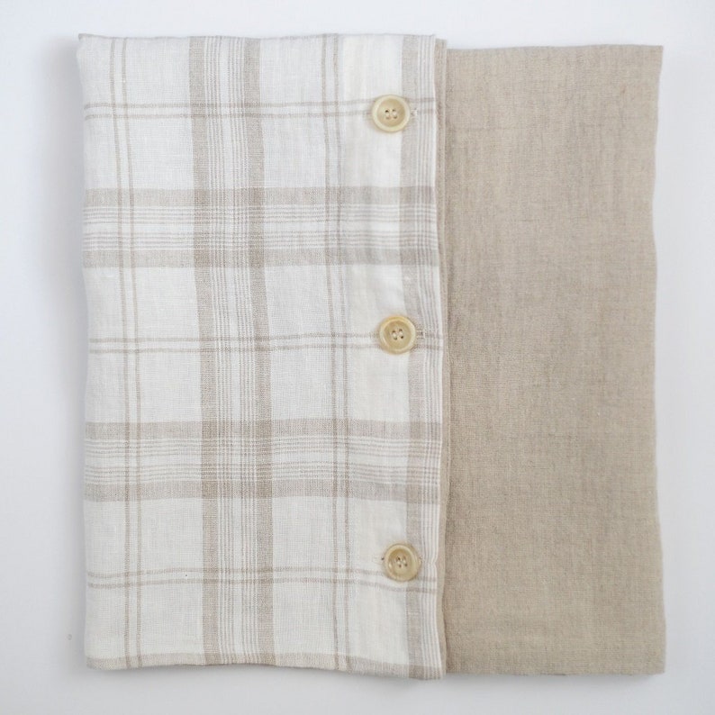 Soft Linen Pillowcase With Buttons. Blue, Rose, Gray, Plaid and Natural Colors Available. Plaid/Natural Linen