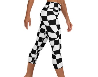 Checkered Capri Leggings for Yoga and Workout, Black and White, High Waisted, Three Quarter Length, Tights for Women, Capsule Activewear