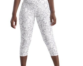 White Lace Print Leggings, Cropped Length, High Waisted, Capri Yoga Pants, Capsule Activewear, Workout Clothes, Floral, Stretchy Tights