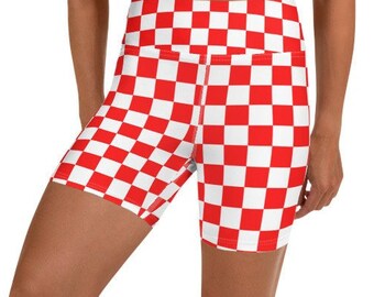 Red Checkered Shorts, Yoga Shorts, Bold Checkered, Fitness Shorts, Cropped Bike Shorts, Minimalist Fashion, Mini Cycling Shorts