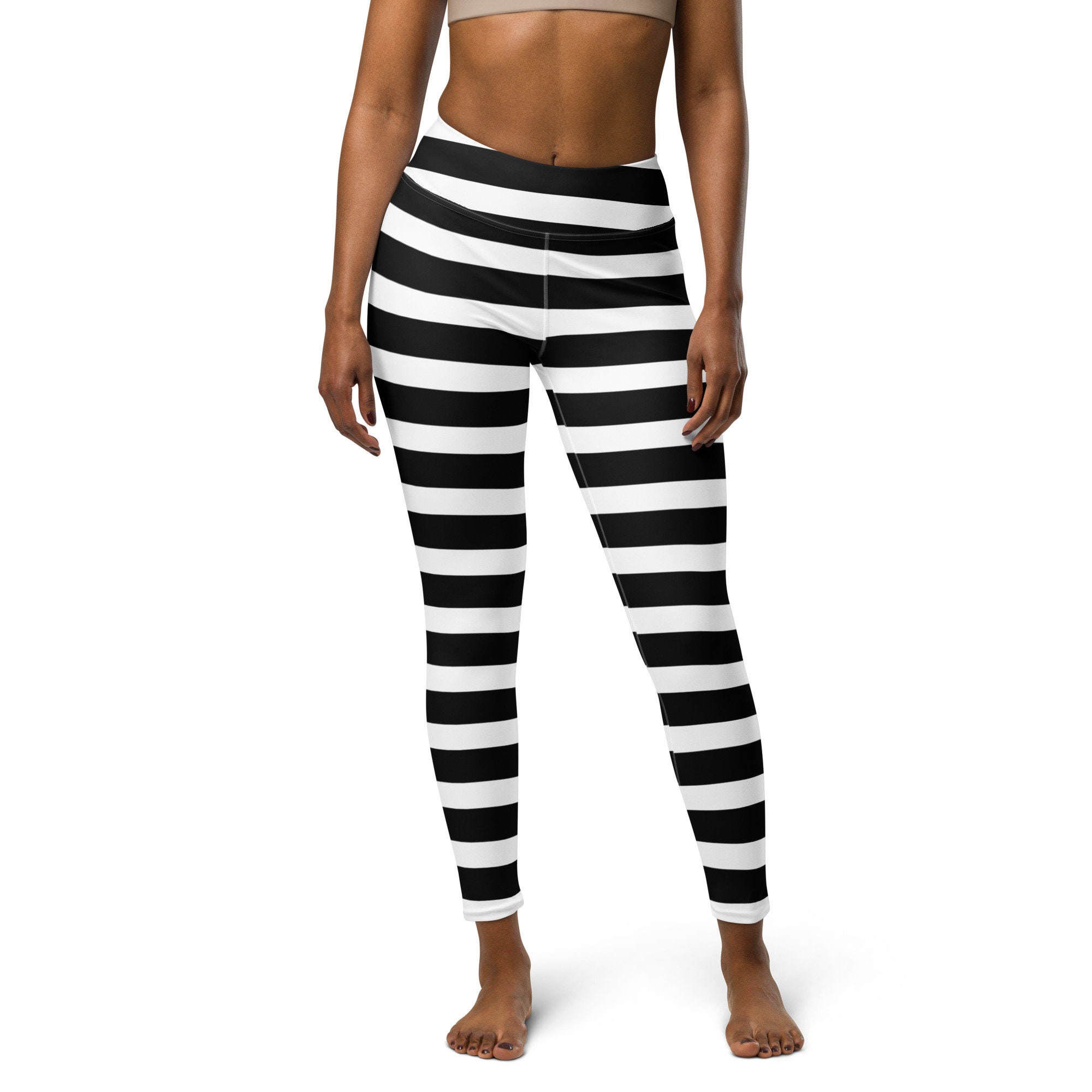 Horizontal Striped Leggings for Yoga Workout, Black and White