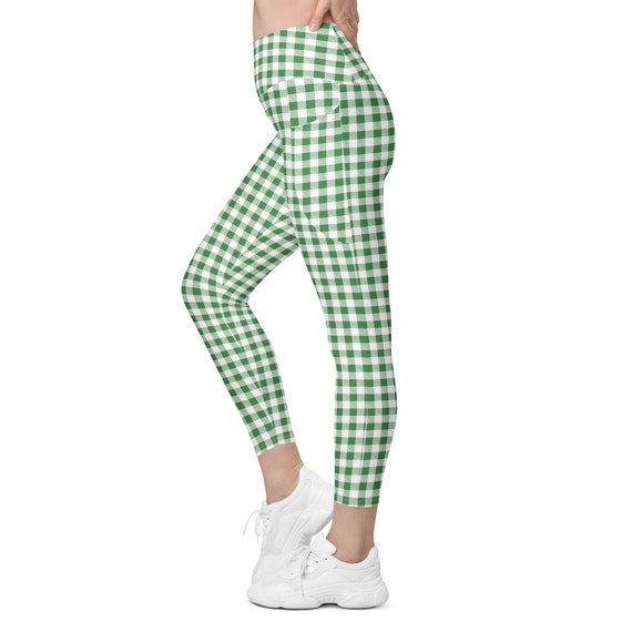 Gingham High Waisted Leggings With Side Pockets, Semi-compression