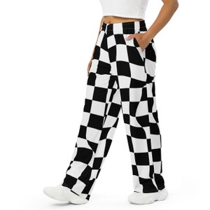 Checkered Wide Leg Pants, Relaxed Fit, Baggy Trousers, Vintage Fashion, Black and White, Unisex Bottoms, Elasticated Waist, Casual Wear Pjs