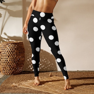 Polka Dots Print Leggings, High Waisted, Super Soft Tights, Black and White, Stretchy Yoga Pants, Running, Gym, Must Have Activewear Bottoms