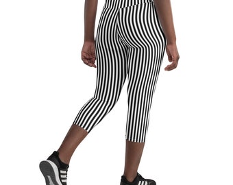 Vertical Striped Capri Leggings, Cropped Length, High Waisted, Black & White, Yoga Pants, Must Have, Stretchy Tights, Capsule Activewear