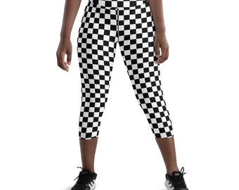 Checkered Capri Leggings, Cropped Checkered Leggings, Studio Leggings, Yoga Pants, Three-Quarter Leggings, Trendy Yoga Outfits