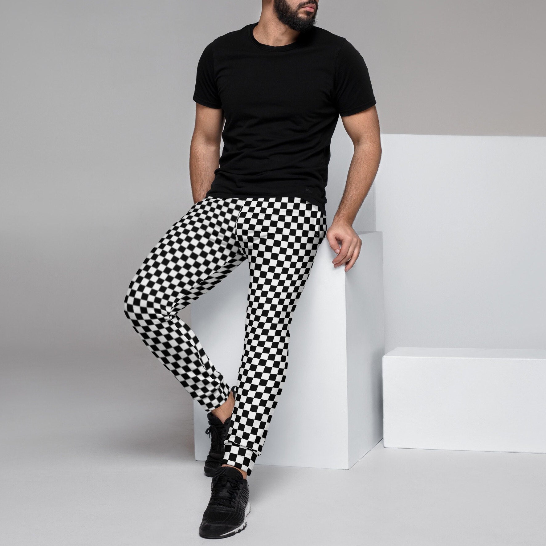 Small Checkered Print Trousers Black And White Checked Joggers small-checkered-print-trousers-black-and-white-checked-joggers