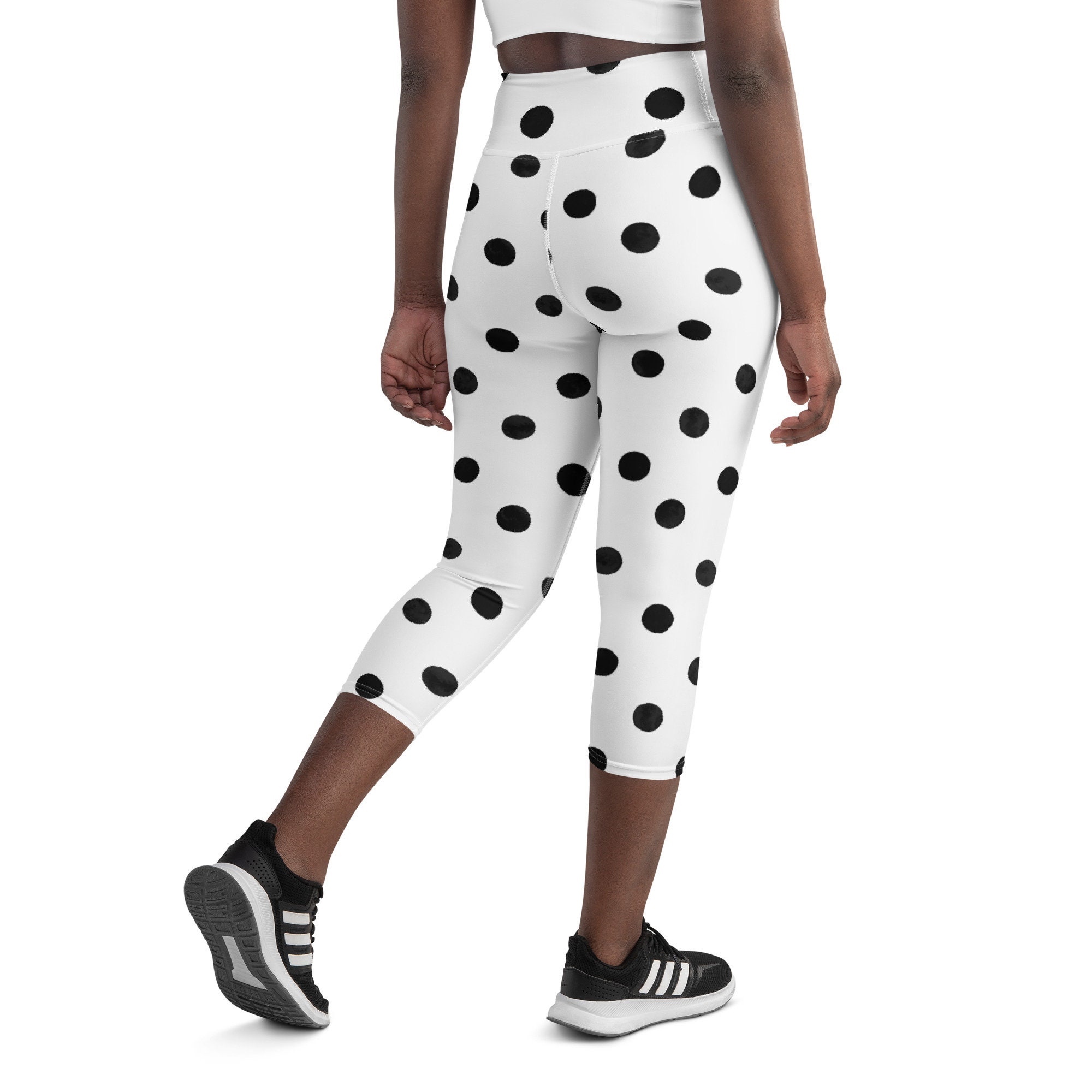 Black Polka Dots Leggings, High Waisted, Capri Yoga Pants, Minimalist Outfits, Spotty, Cropped Length, Stretchy Tights, Capsule Activewear