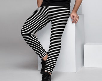 Mens Striped Trousers, Slim Fit Joggers, Black and White Colour, Basic Casual, Elastic Waist, Sweatpants, Fleece Lined, Tapered Leg Pants