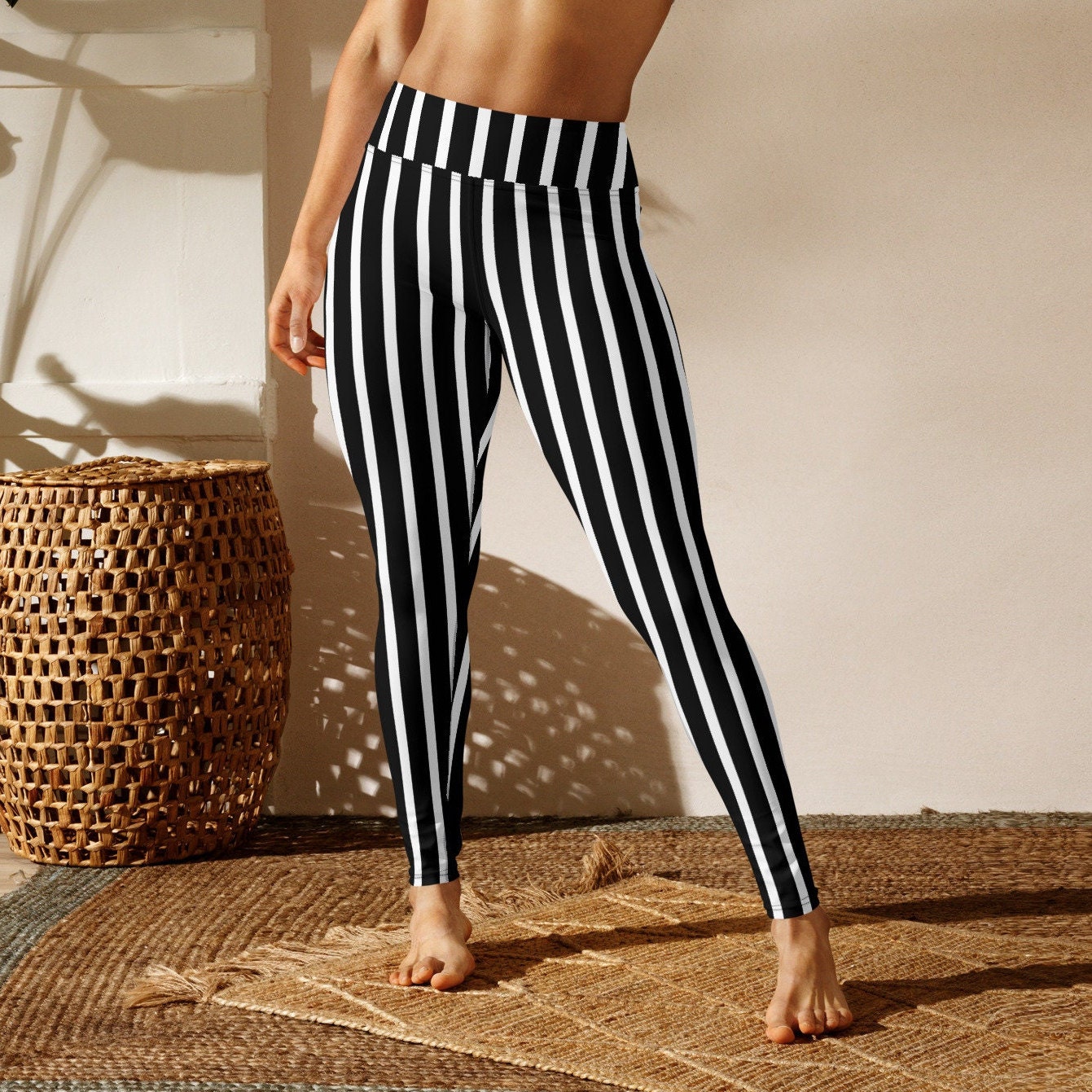 Black White Stripe Sports Leggings - Size 1XL