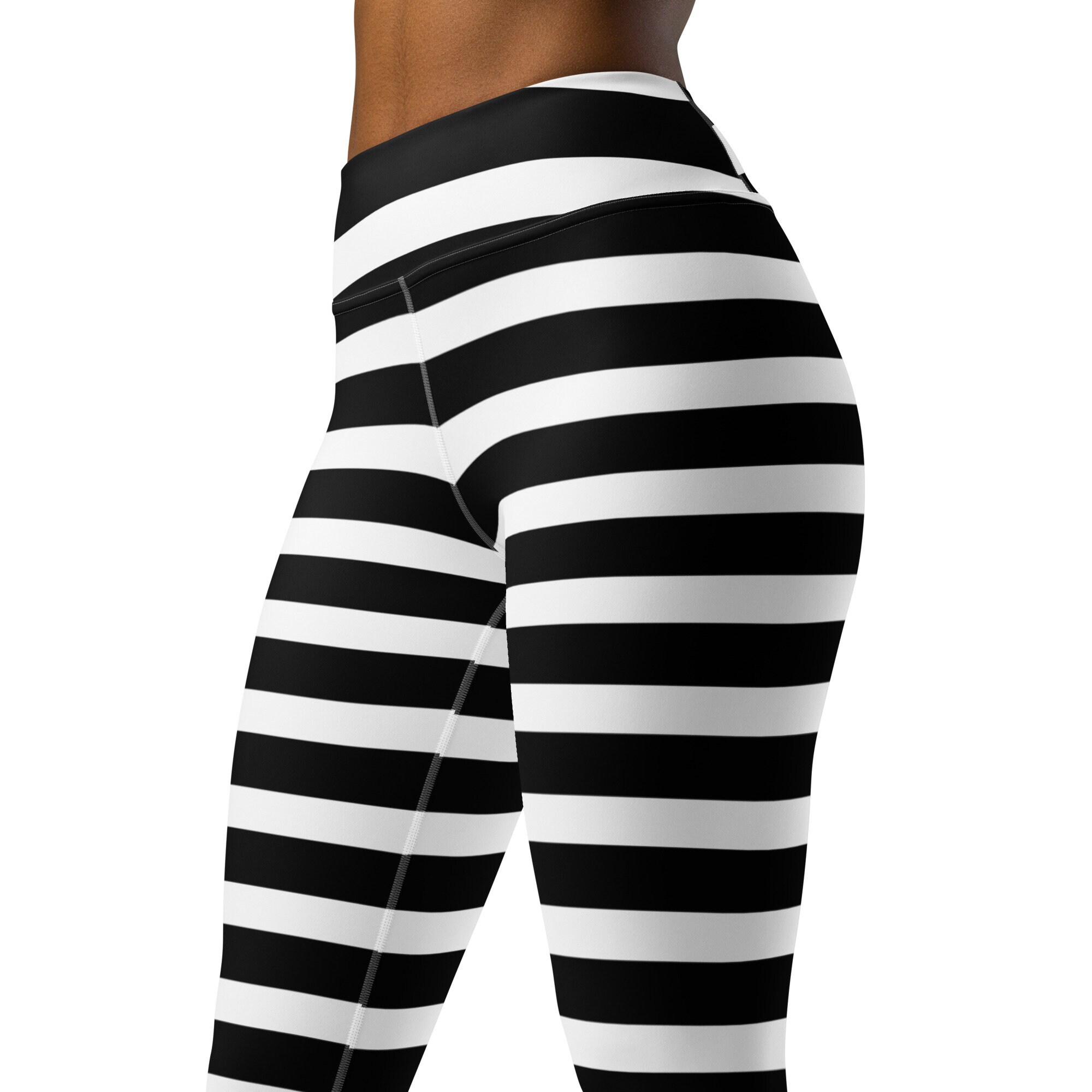 Black White Striped Yoga Leggings, Horizontal Stripes Yoga Pants