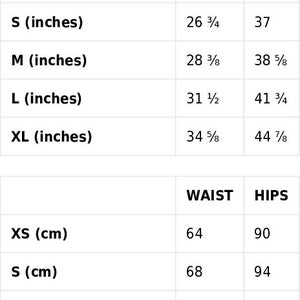 May include: Size guide chart with measurements in inches and centimetres for waist and hips. Sizes include XS, S, M, L, and XL.