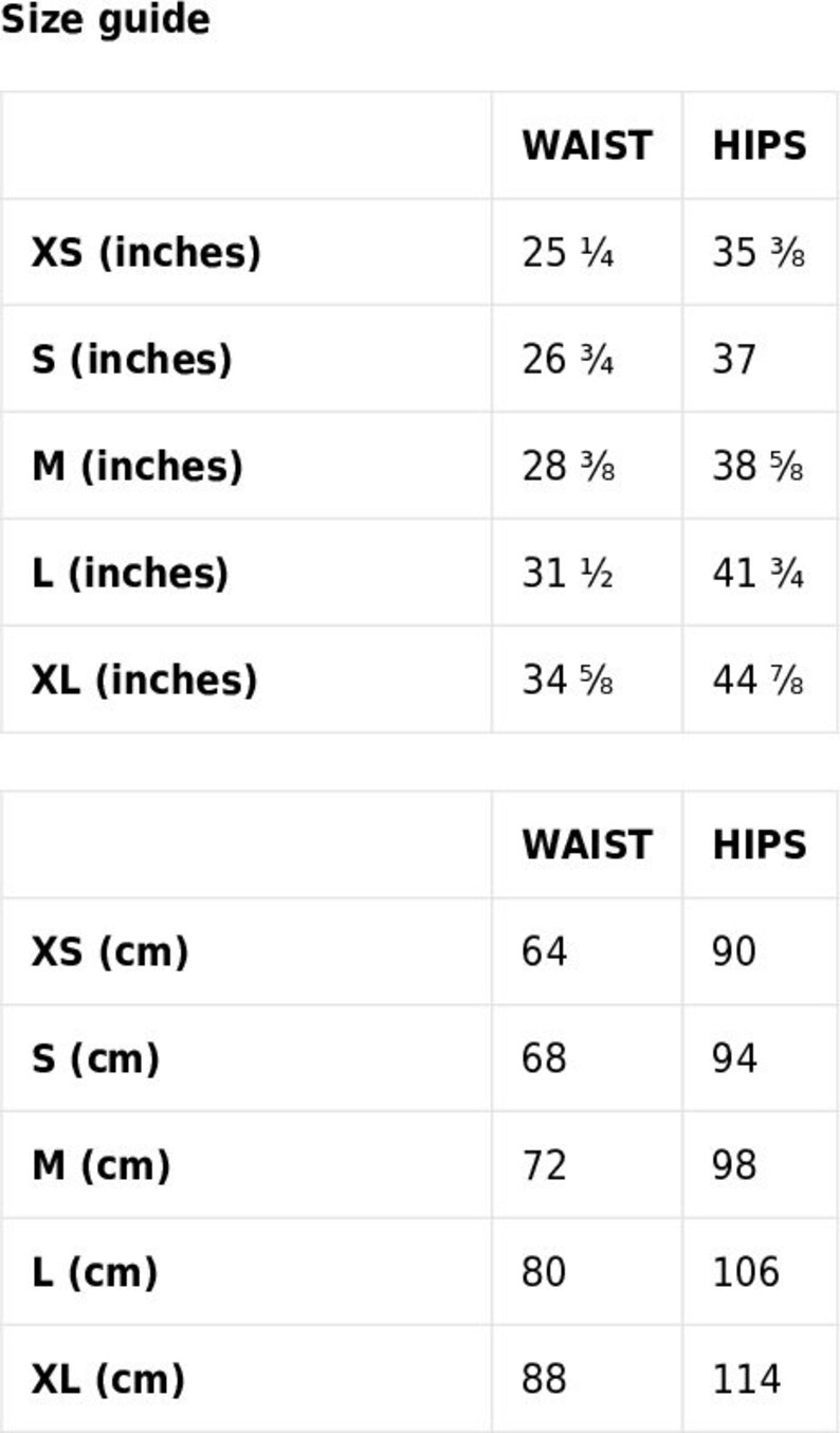 May include: Size guide chart with measurements in inches and centimetres for waist and hips. Sizes include XS, S, M, L, and XL.