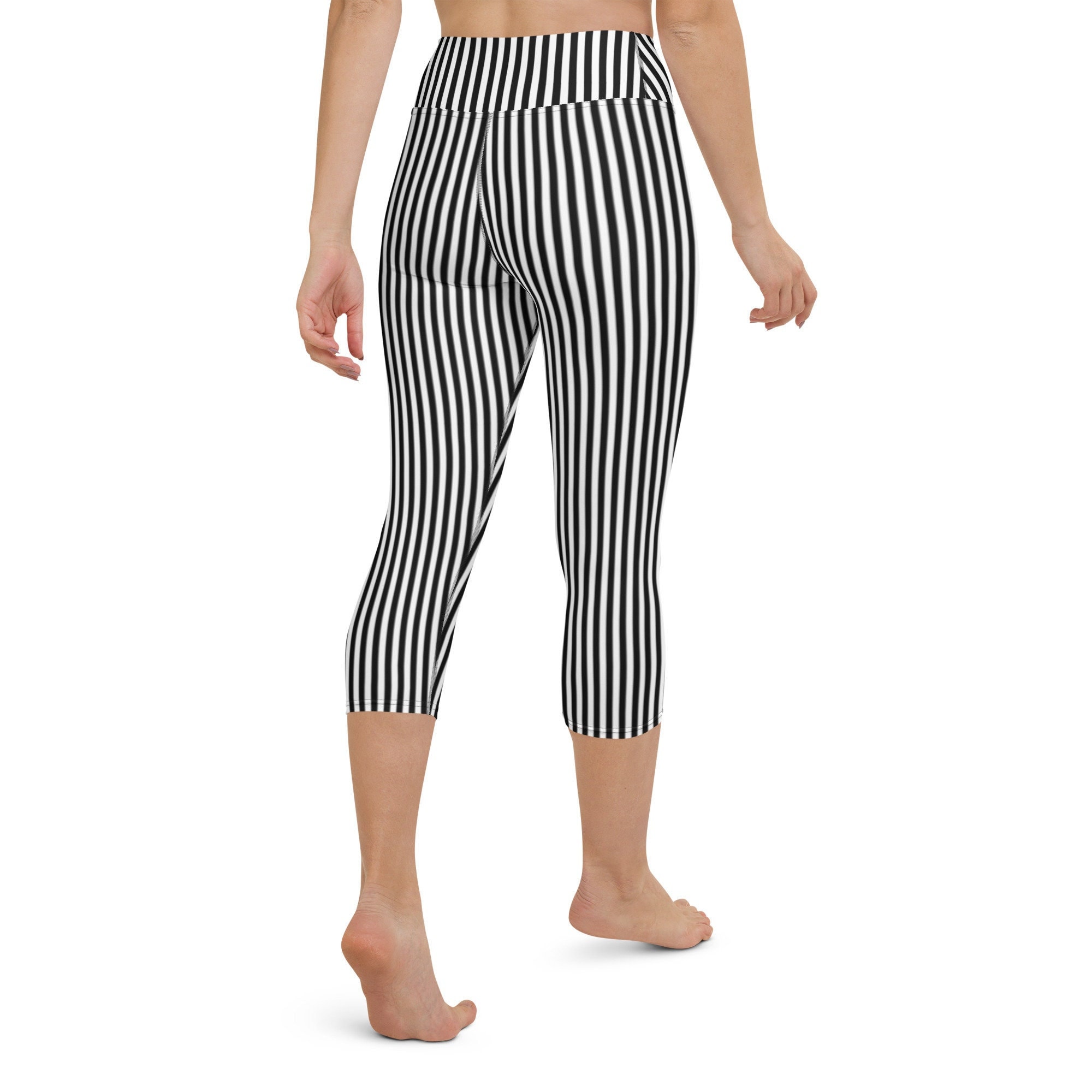 Vertical Striped Capri Leggings, Cropped Length, High Waisted, Black & White,  Yoga Pants, Lines Pattern, Stretchy Tights, Capsule Activewear 