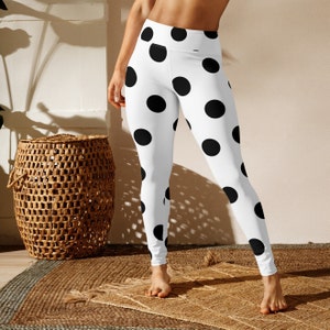Polka Dots Print Leggings, High Waisted, Super Soft Tights, Black and White, Stretchy Yoga Pants, Running, Gym, Must Have Activewear Bottoms