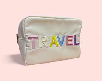 Embroidered Travel Pouch: Nylon Cosmetic Bag, Holiday Essentials Organizer