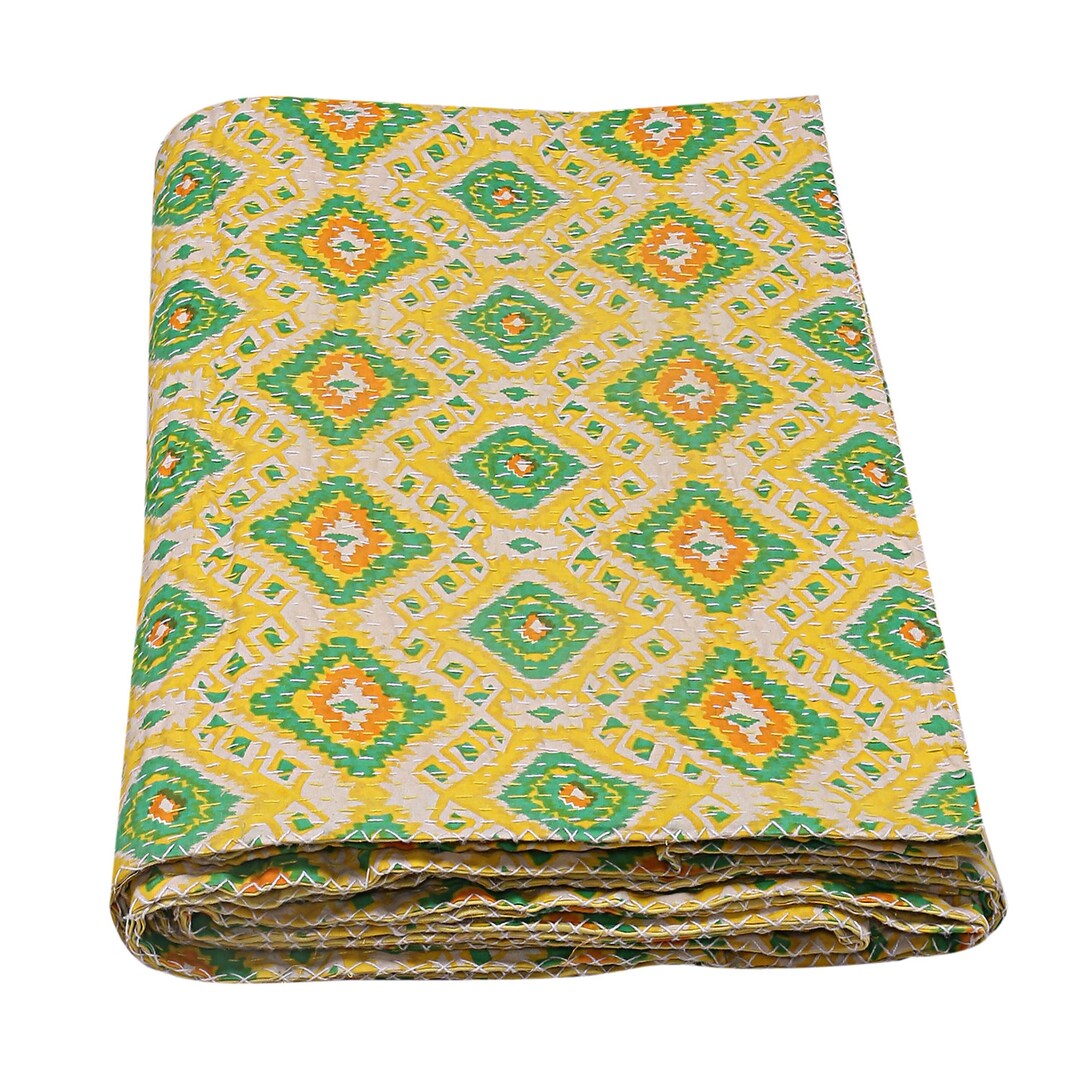 Quilted Bedspread Ikat Print Yellow Cotton Quilt Bohemian Etsy