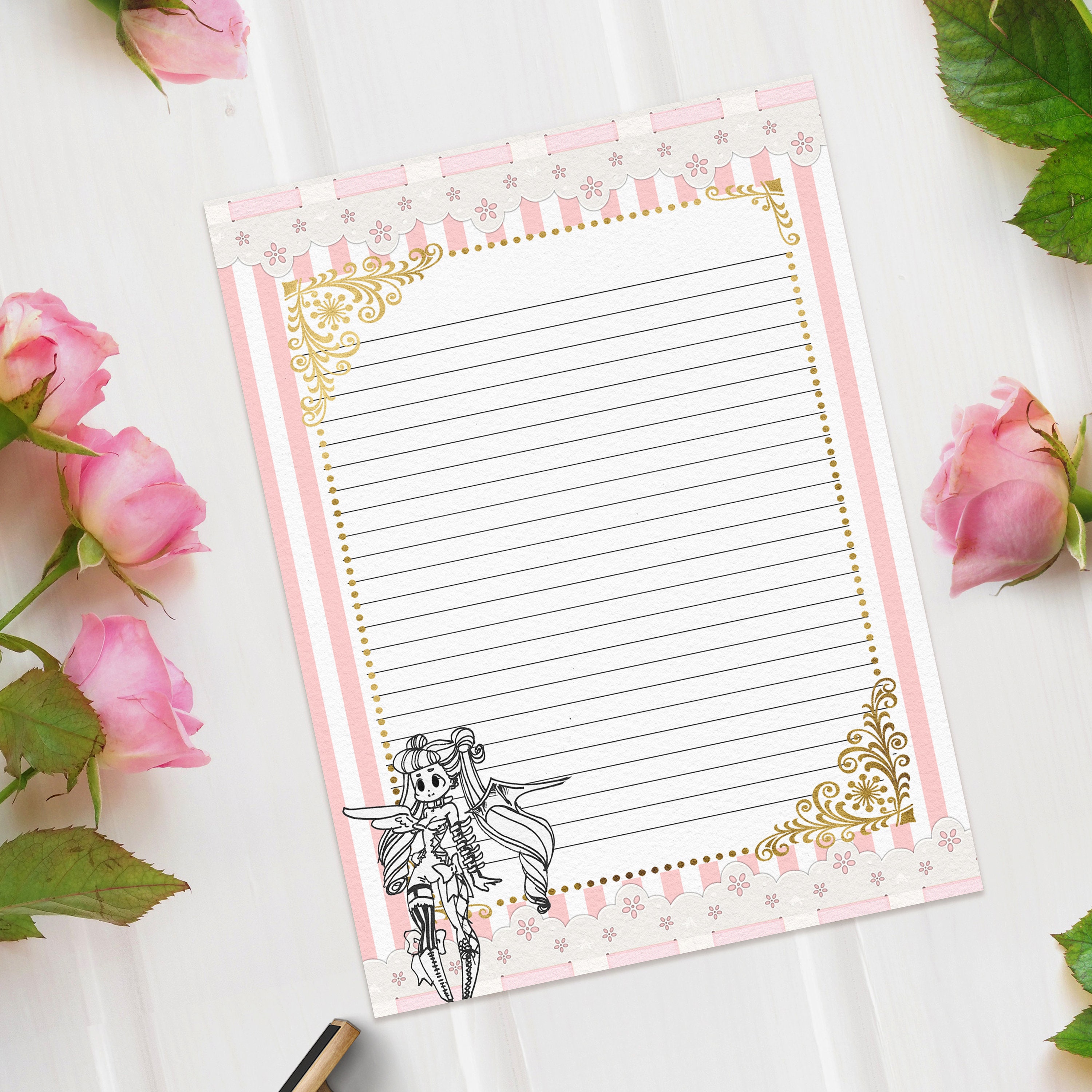 Aesthetic Lined Note Paper Printable Coloring Page Stationery Etsy Israel