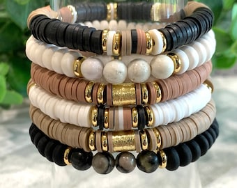 Heishi Beaded Name Bracelet, Custom Stacking Bracelet, Mom Gift