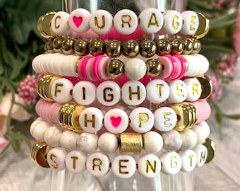 Breast Cancer Awareness Bracelet Custom, Heishi Bead Bracelet Stack, Courage Fighter Hope Strength Bracelet For Women, Memorial Gift