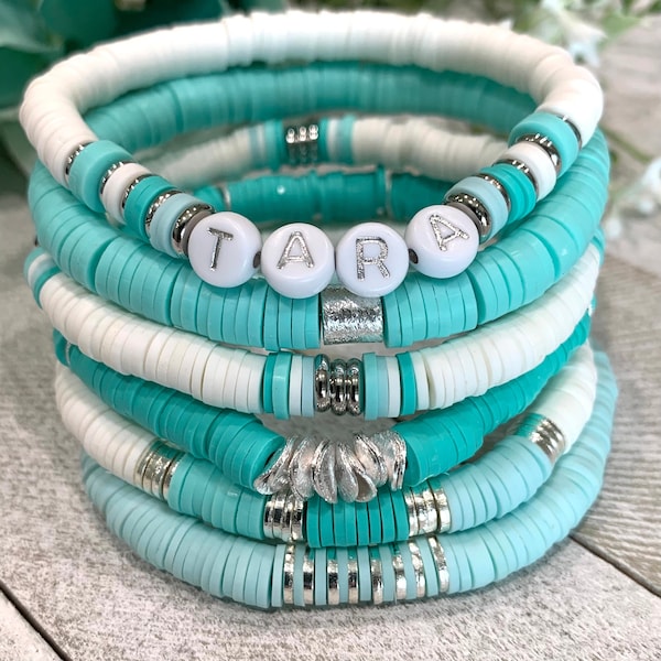 Turquoise Beaded Bracelet For Women, Heishi Bead Bracelet Stack Custom, Boho Jewelry Set, Tween Girl Birthday Gift, Name Bracelet For Mom