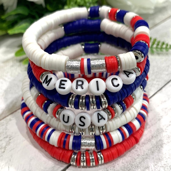Red White and Blue Bracelet Custom, Heishi Bead Bracelet Stack, Patriotic Jewelry For Women, Birthday Gift For Teen Girl, Boho Bracelet Set