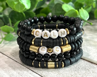 Personalized Name Bracelet, Heishi Bracelet, Custom Bead Bracelet, Black Bead Bracelet, Friendship Bracelets, Bracelet Set, Mom Bracelet,