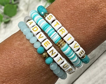 Aquamarine Bead Bracelet, Heishi Bracelet Stack, Crystal Name Bracelet, Boho Jewelry Women, Square Letter Bead Bracelet, Friendship Bracelet