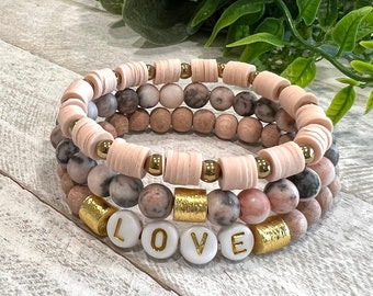 Stackable Bracelets For Women Personalized, Boho Jewelry Custom Bracelets, Wood Beaded Bracelet Set For Girls, Trendy Bracelet With Name
