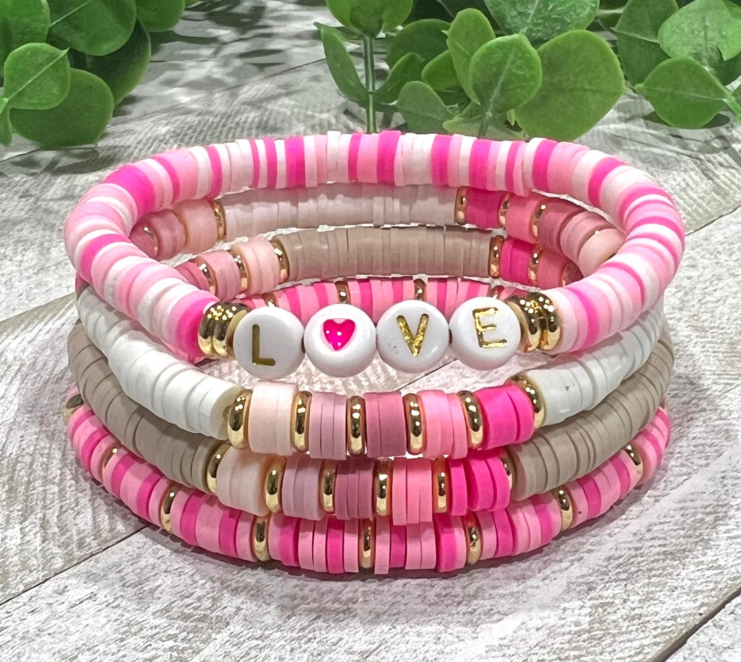 Valentine's Day Heishi Bead Bracelet Stack, Personalized Gift for Her